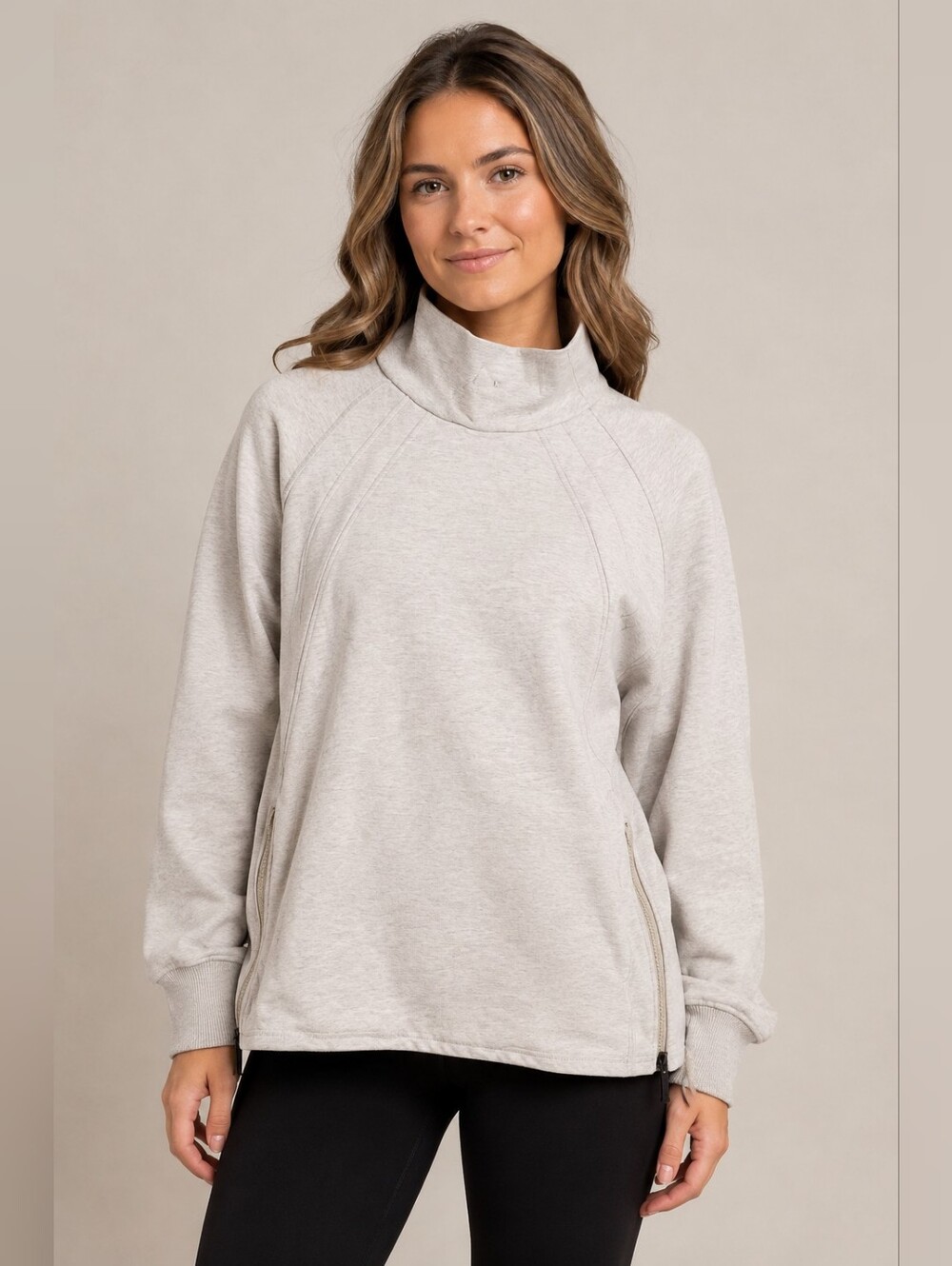Varley Gray Funnel Neck Pullover Sweatshirt with Side Zippers Athleisure